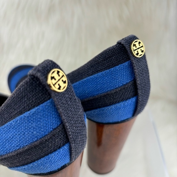 TORY BURCH JOELLE BLUE STRIPE WOOD PLATFORMS PUMPS - Picture 3 of 14